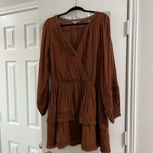 American Eagle Brown Bohemian Long Sleeve Dress (XL)
